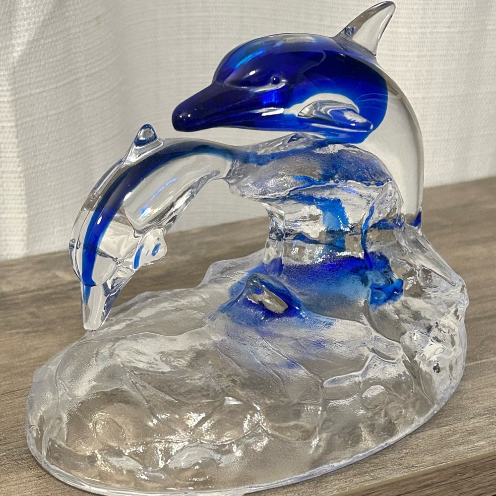 Gorgeous! Lead Crystal Figurine Clear Blue Mother and Baby Dolphin Jumping